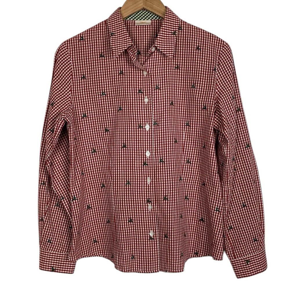 h. moser Salzberg Red Gingham Reindeer Button Front Shirt, Size EU 42/L
